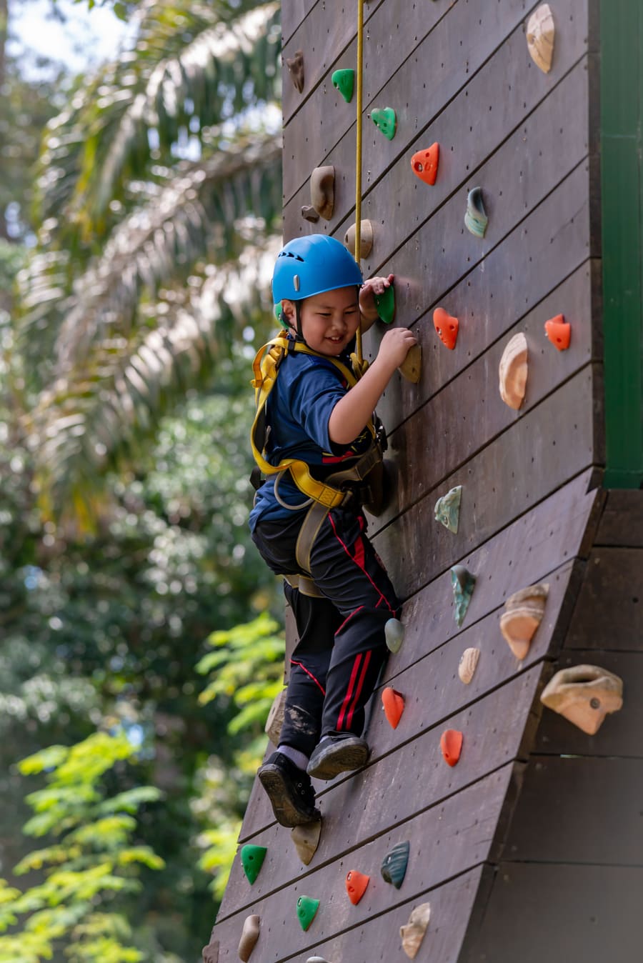 Two children climbing an indoor climbing wall